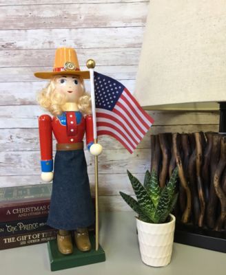 14" Cowgirl and Flag Nutcracker Figurine