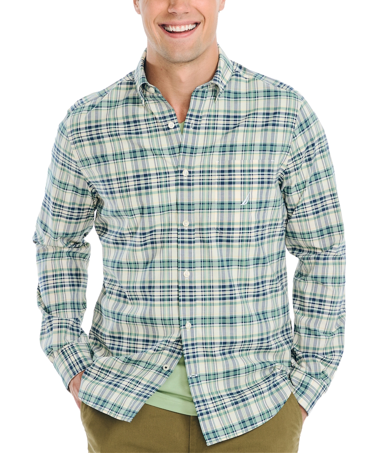 Nautica Men's Plaid Long-sleeve Button-up Shirt In Green