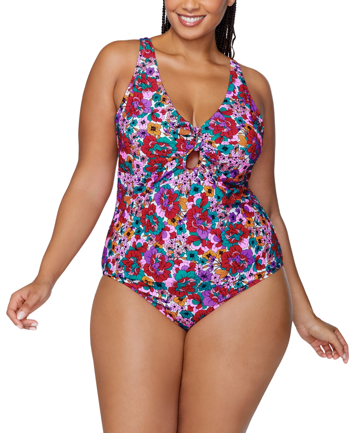 Trendy Plus Size Muna Floral One-Piece Swimsuit - Red