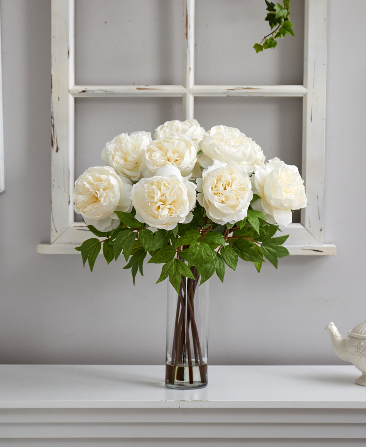 NEARLY NATURAL 22" ARTIFICIAL PEONY ARRANGEMENT WITH CYLINDER GLASS VASE 