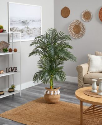 60" Artificial Double Stalk Cane Palm Tree with Handmade Woven Cotton Basket