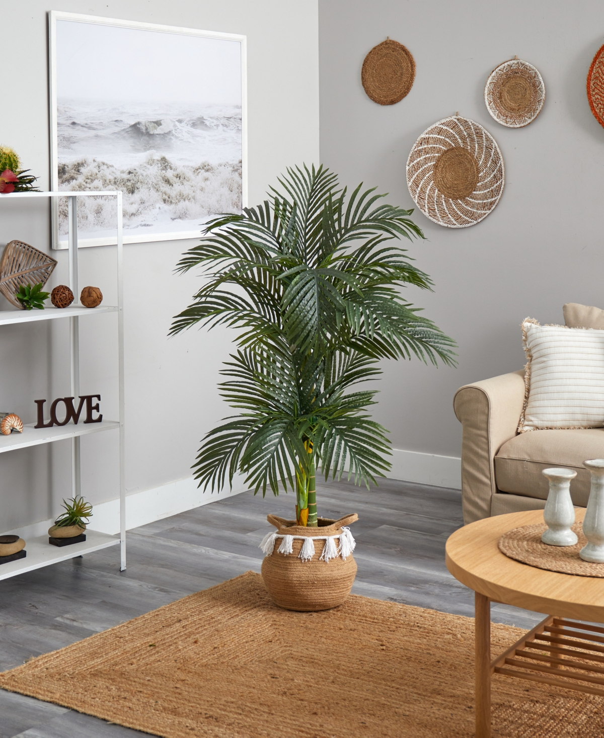 Nearly Natural 60" Artificial Double Stalk Cane Palm Tree With Handmade Woven Cotton Basket In Green
