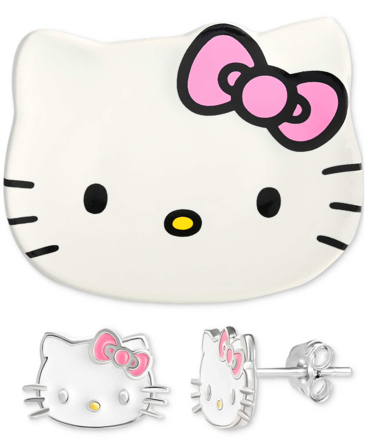 Disney Hello Kitty 2-pc. Set Enamel Kitty Stud Earrings In Sterling Silver & Ceramic Trinket Dish In White