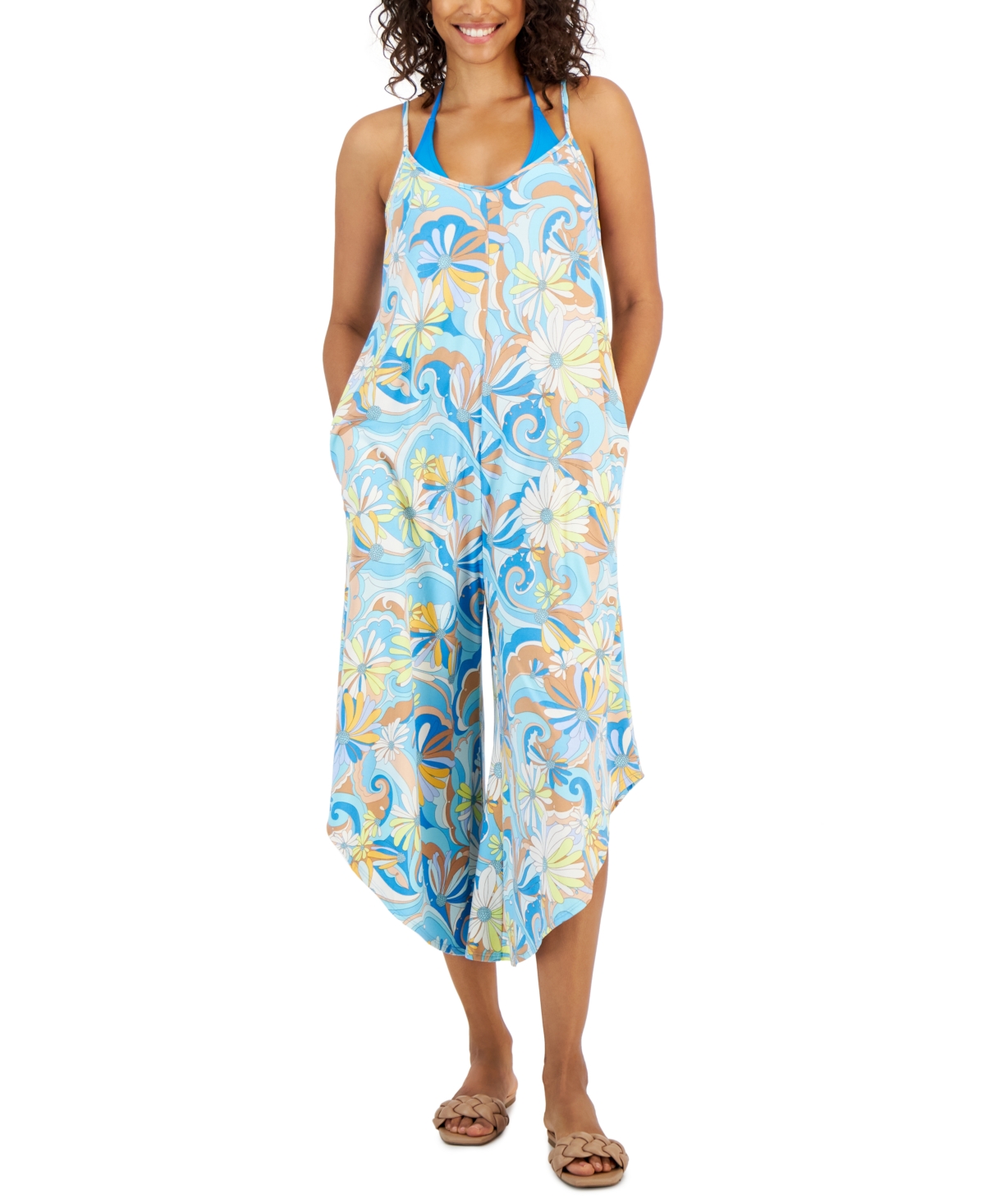 Women's Floral-Print Flowy Cover-Up Jumper - Blue Multi