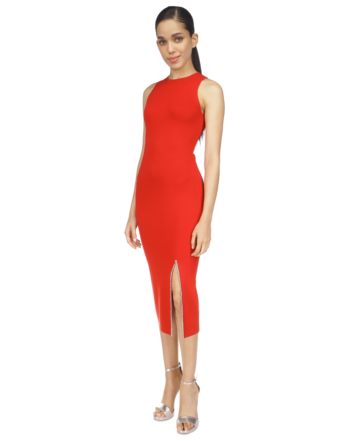 Michael Kors Michael  Women's Rhinestone-trimmed Slit Dress In Crimson