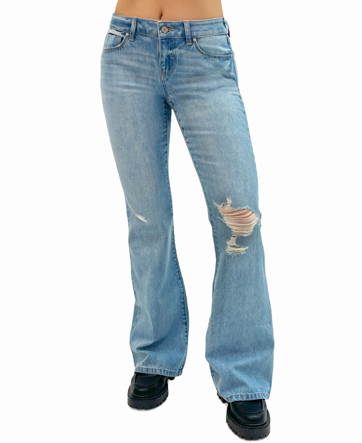 Women's Low-Rise Distressed Flare Jeans - Medium Wash