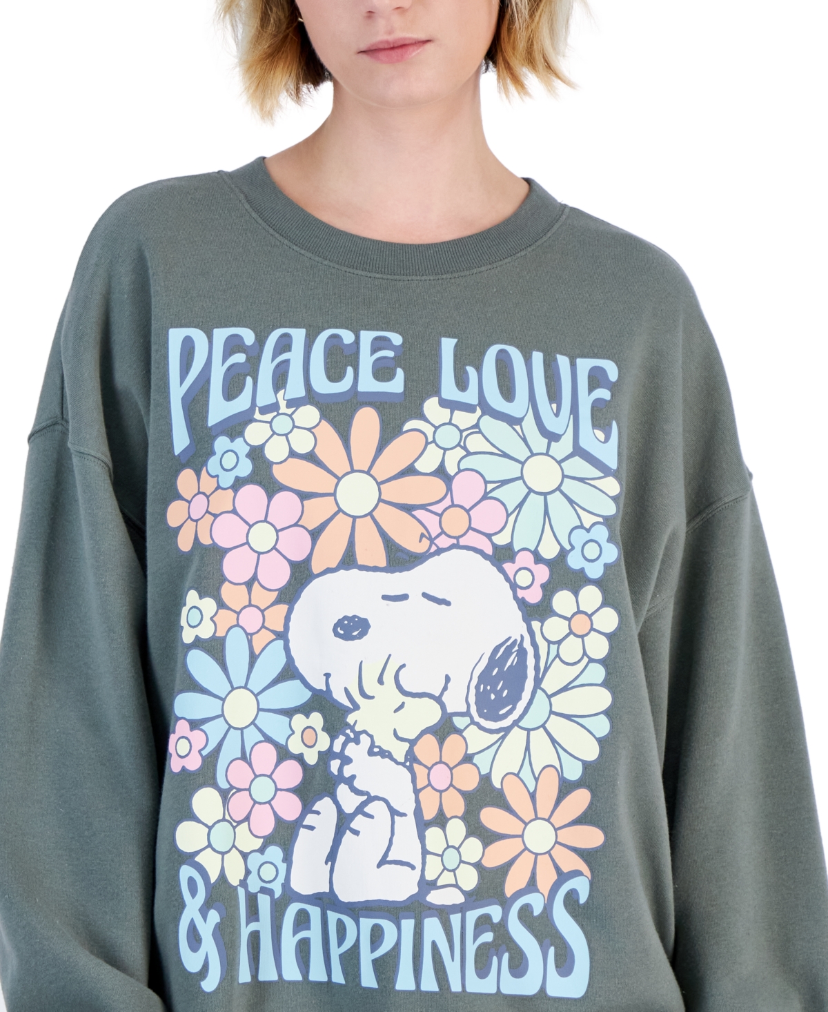 Shop Grayson Threads, The Label Juniors' Snoopy Long-sleeve Graphic Sweatshirt In Green
