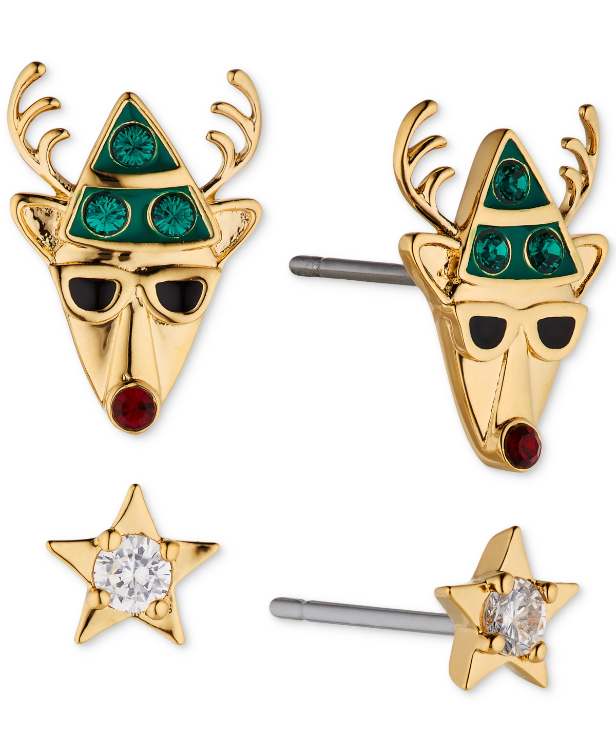 Gold-Tone 2-Pc. Set Crystal Reindeer & Star Stud Earrings - Gold