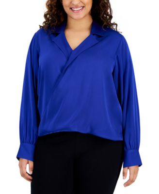 Calvin Klein - Plus Size Solid Faux-Wrap Long-Sleeve Satin Blouse