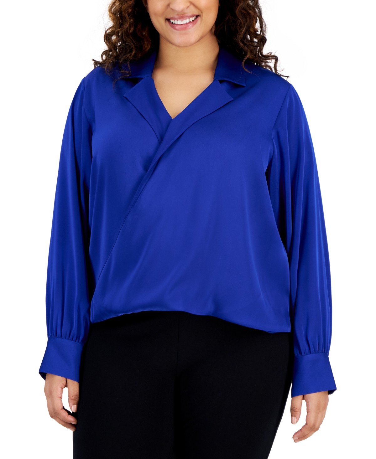 Calvin Klein Plus Size Solid Faux-wrap Long-sleeve Satin Blouse In Klein Blue