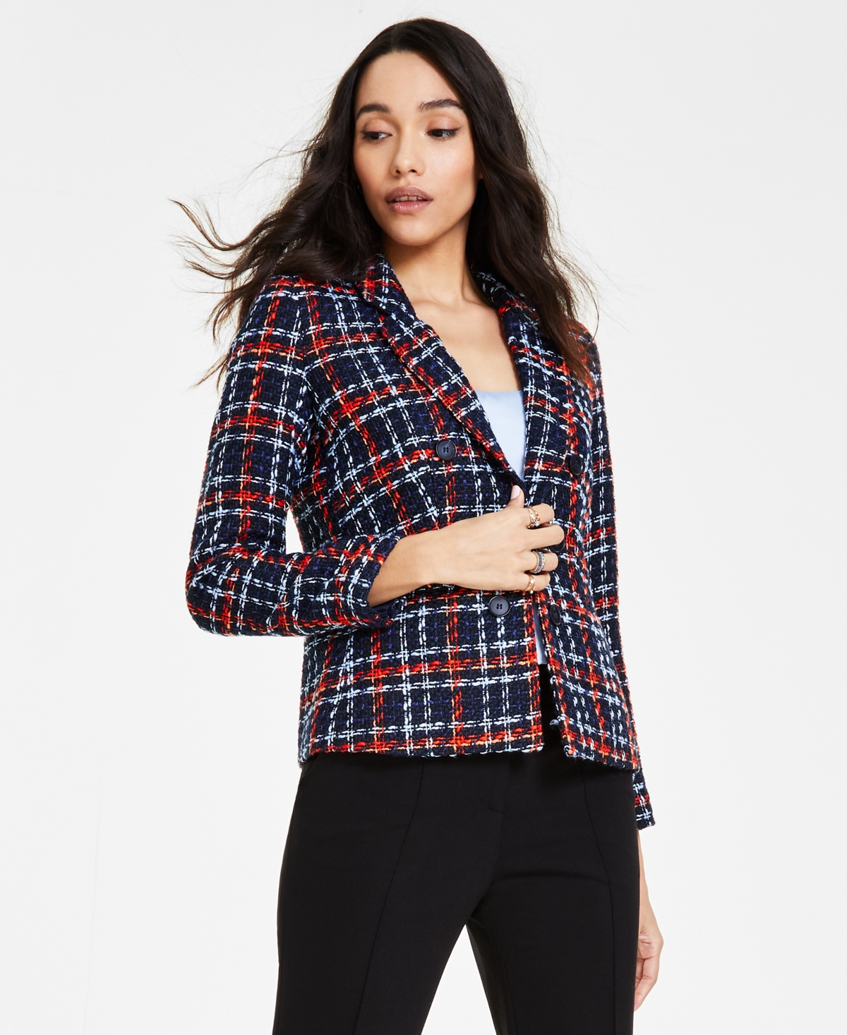 Bar Iii Women's Multi-plaid Faux-double-breasted Jacket, Created For Macy's In Deep Blue Multi