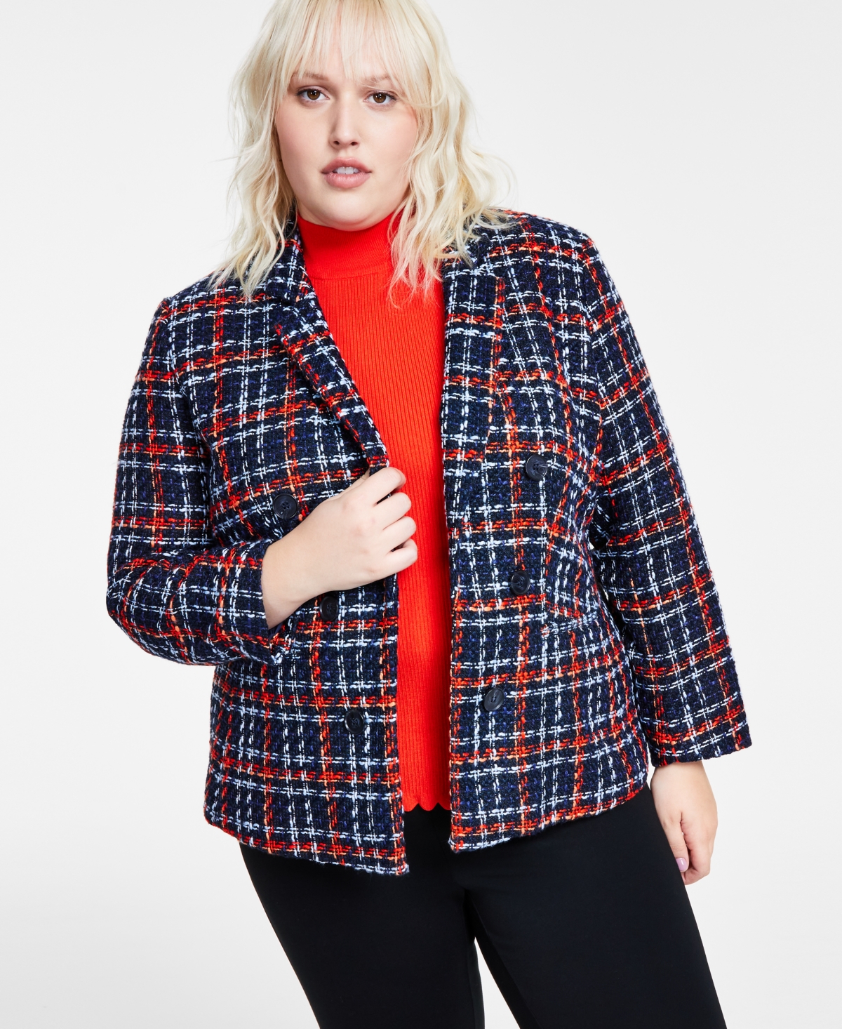 Plus Size Tweed Faux-Double-Breasted Blazer, Created for Macy's - Deep Blue Multi