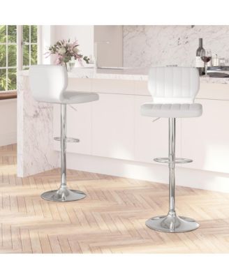Set Of Two Swivel Bar Stools With Vertical Stitched Back And Adjustable Chrome Base With Footrest