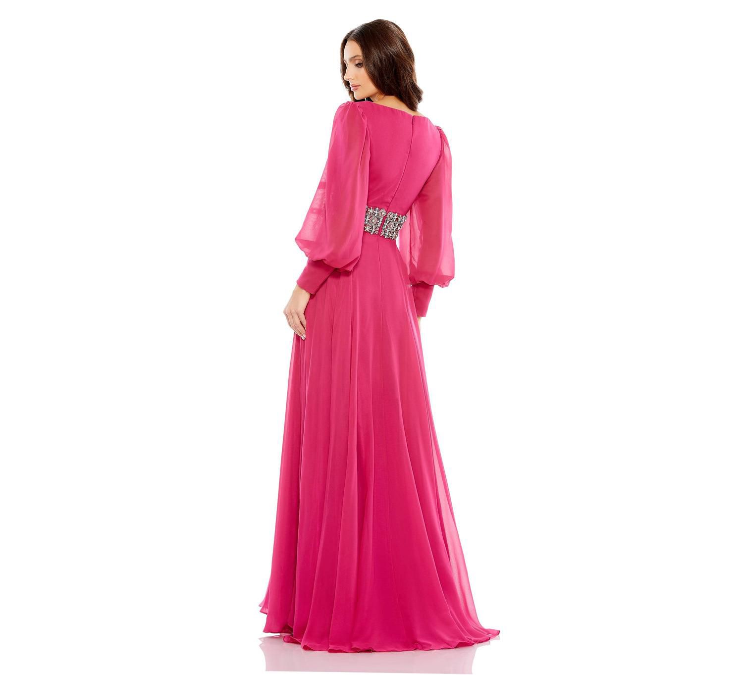 Women's Bishop Sleeve Wrap Over Belt Detail Flowy Gown