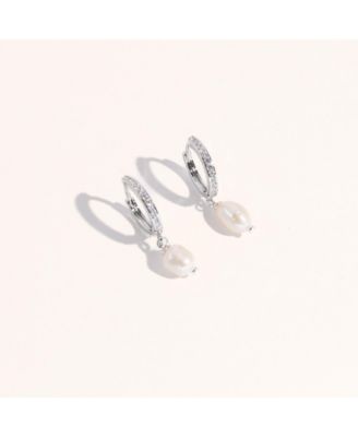 Silver-Tone Mini Hoop Earrings with Drop Pearl