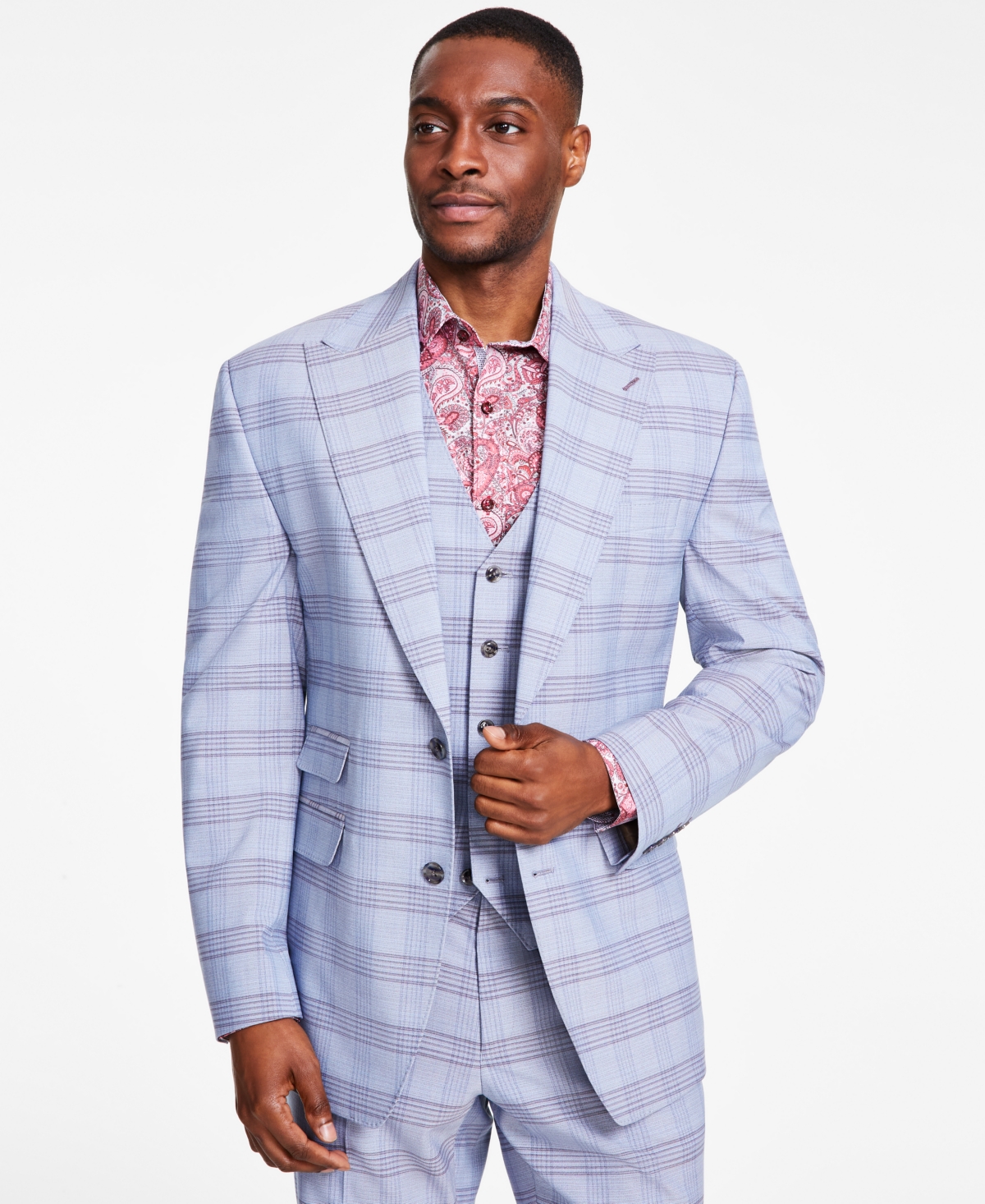 Shop Tayion Collection Men's Classic Fit Striped Suit Jacket In Tan,blue Plaid