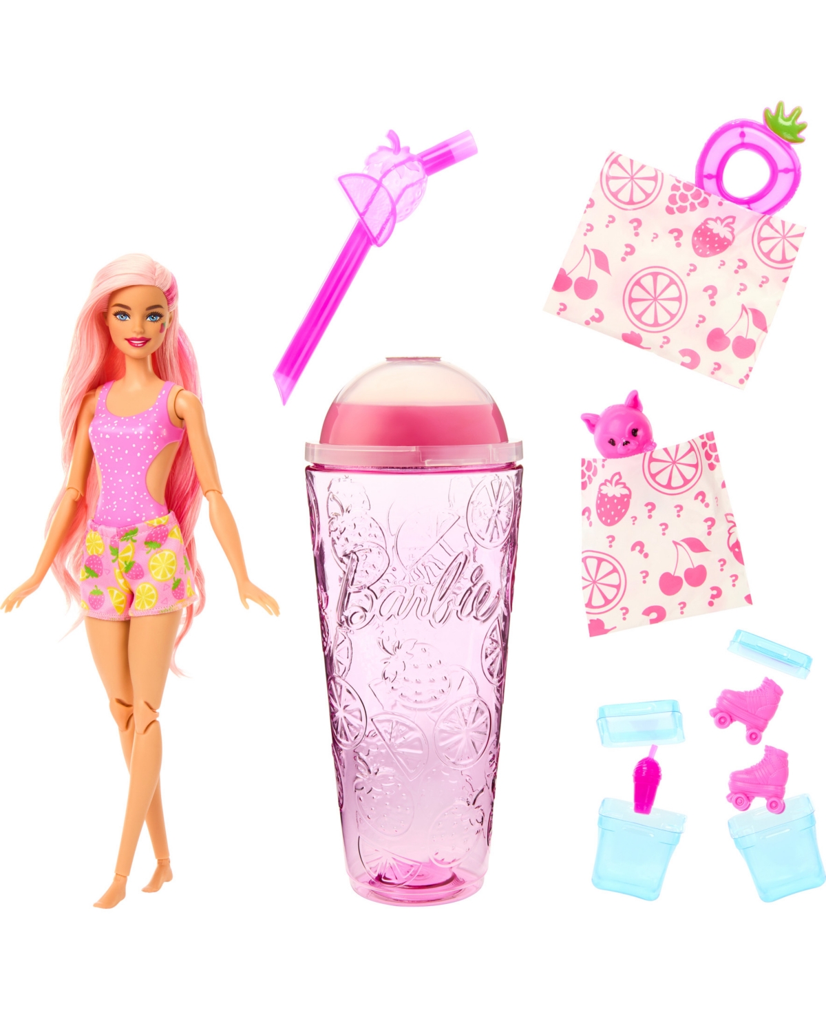Shop Barbie Pop Reveal Fruit Series Strawberry Lemonade Doll, 8 Surprises Include Pet, Slime, Scent & Color Chan In Multi-color