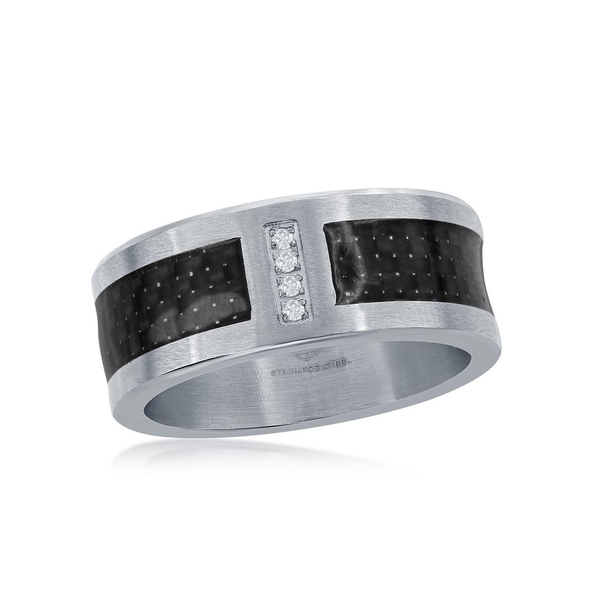 Stainless Steel Black Carbon Fiber Cz Ring - Black  silver