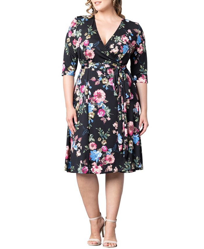 Kiyonna Women's Plus Size Essential Wrap Dress with 3/4 Sleeves - Macy's