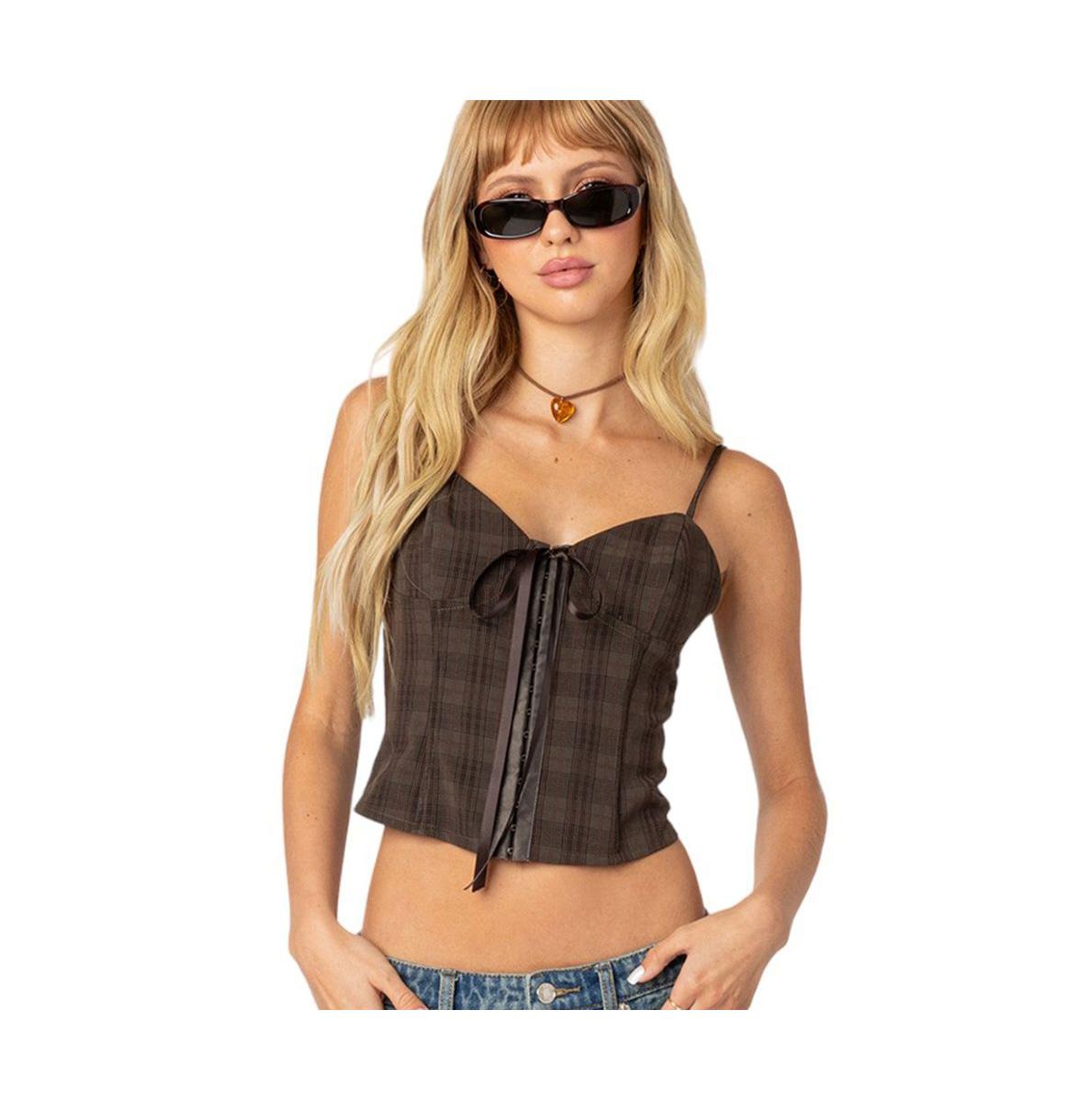 Edikted Women's Plaid Lace Up Corset Top - Brown overflow