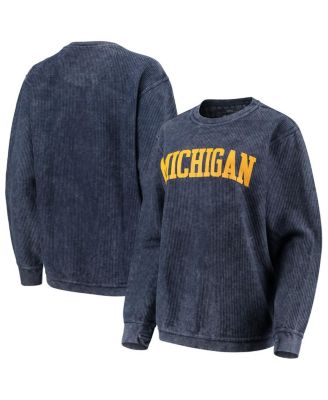 Women's Navy Distressed Michigan Wolverines Comfy Cord Vintage-Like Wash Basic Arch Pullover Sweatshirt