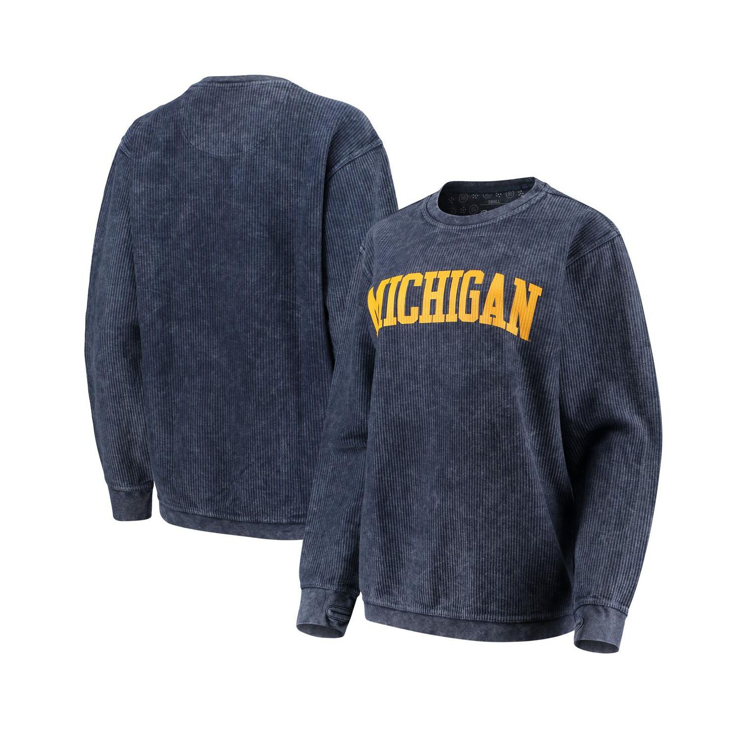 Women's Navy Distressed Michigan Wolverines Comfy Cord Vintage-Like Wash Basic Arch Pullover Sweatshirt