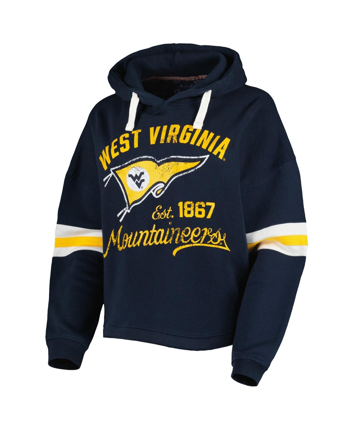 PRESSBOX WOMEN'S PRESSBOX NAVY DISTRESSED WEST VIRGINIA MOUNTAINEERS SUPER PENNANT PULLOVER HOODIE 