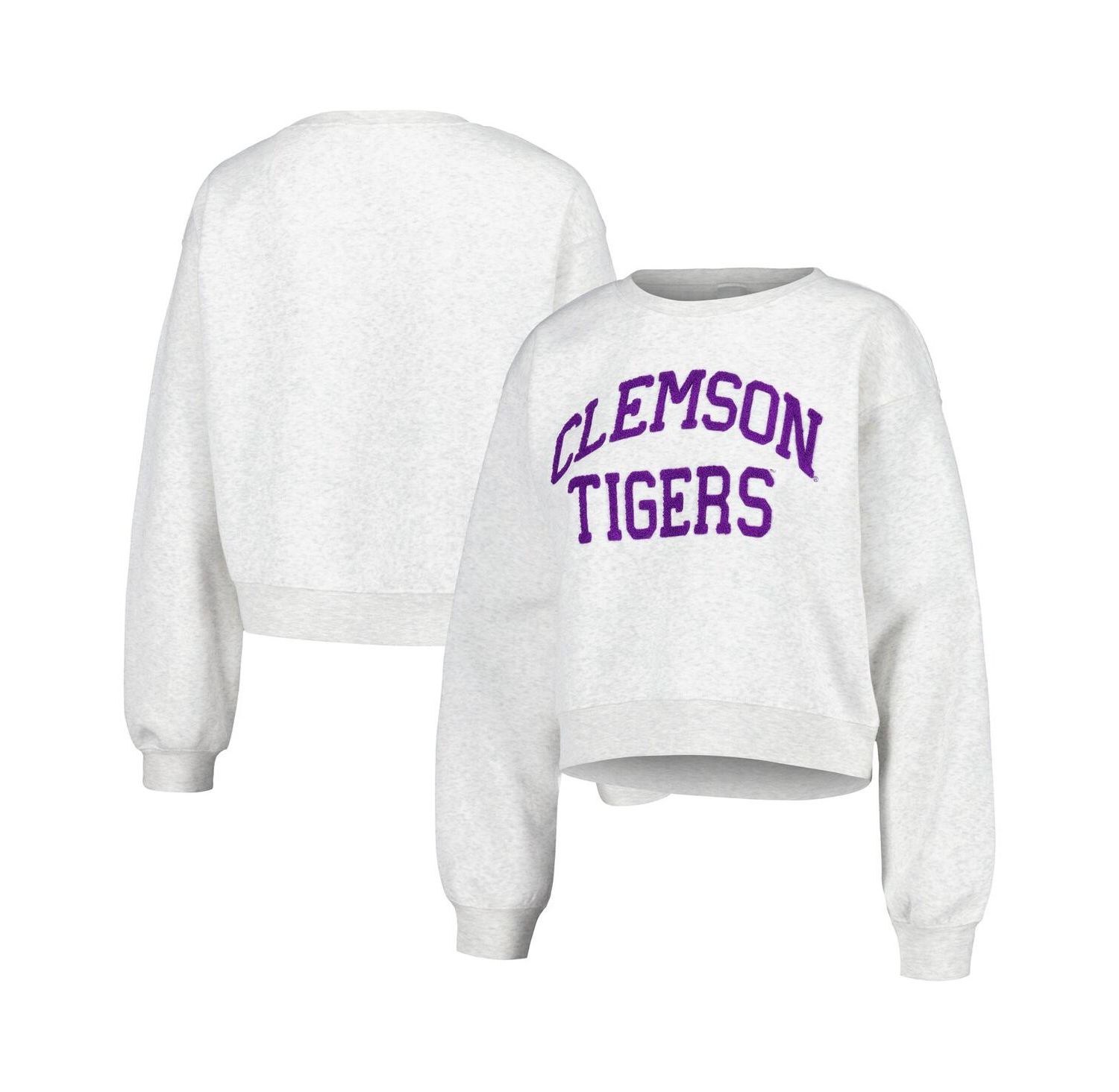 Women's Oatmeal Clemson Tigers Core Chenille Cropped Pullover Sweatshirt