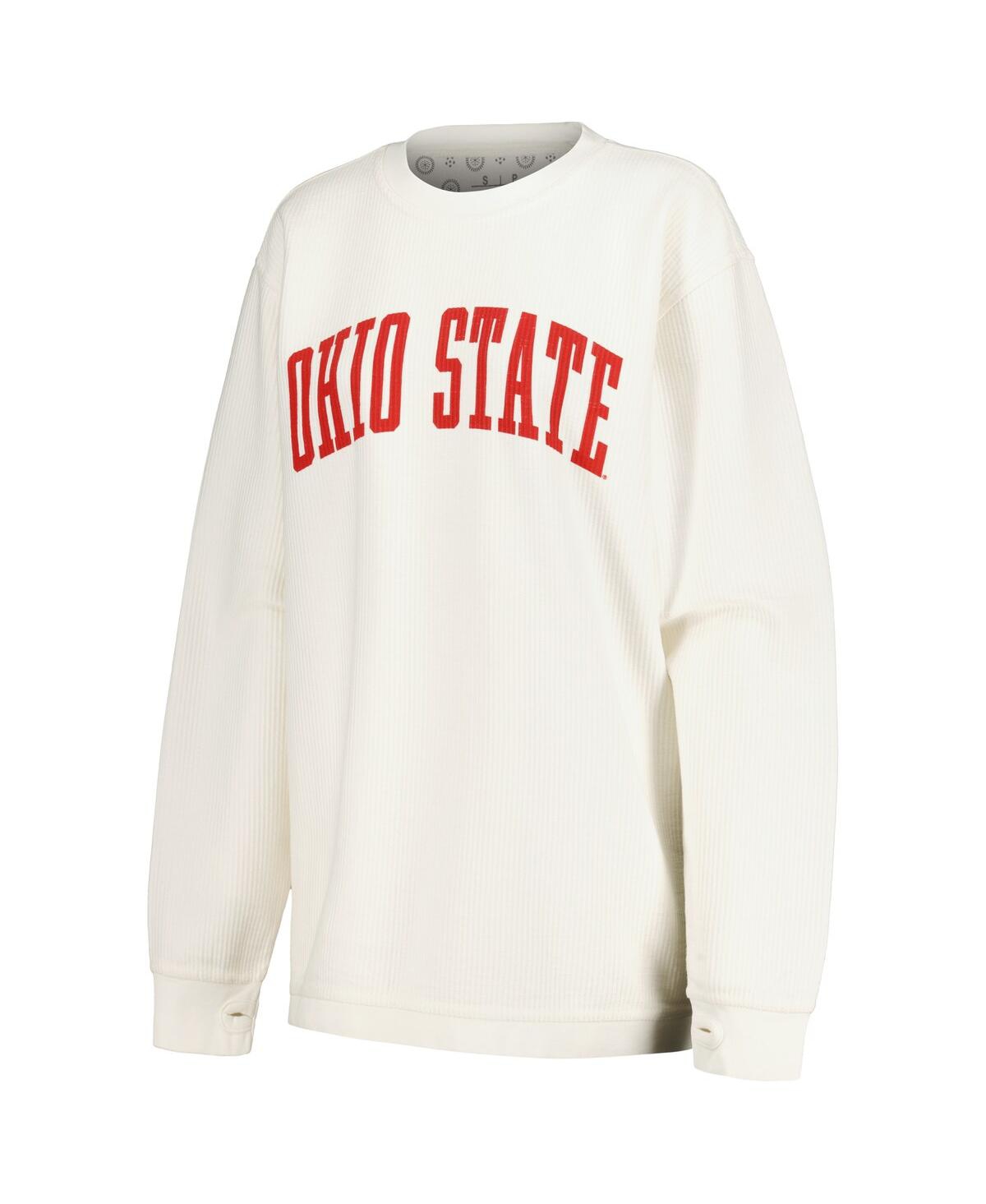 PRESSBOX WOMEN'S PRESSBOX WHITE DISTRESSED OHIO STATE BUCKEYES COMFY CORDED VINTAGE-LIKE WASH BASIC ARCH PULL 