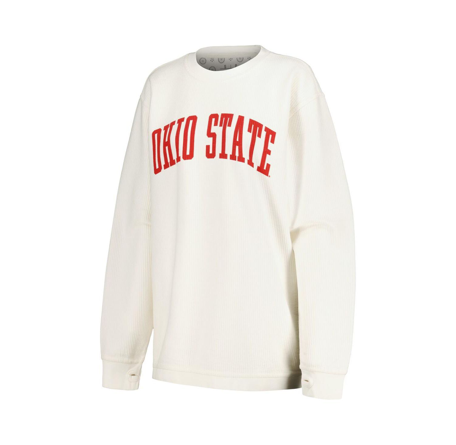 Women's White Distressed Ohio State Buckeyes Comfy Corded Vintage-Like Wash Basic Arch Pullover Sweatshirt