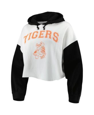 Women's White, Black Distressed Clemson Tigers Good Time Color Block Cropped Hoodie