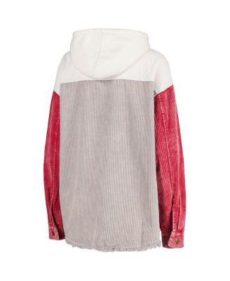 Women's Gray Distressed Wisconsin Badgers Vintage-Like Wash Corduroy Full-Snap Hooded Shacket