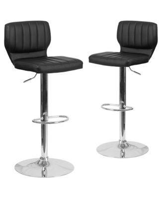 Set Of Two Swivel Bar Stools With Vertical Stitched Back And Adjustable Chrome Base With Footrest