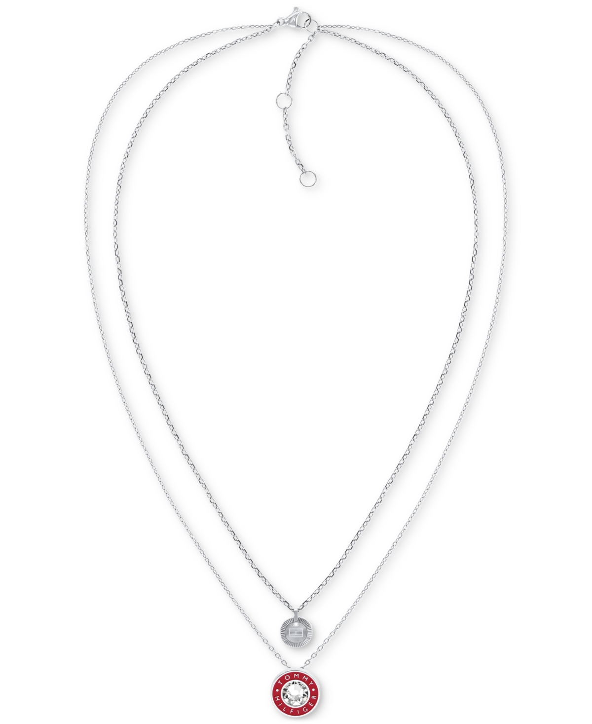 Tommy Hilfiger Stainless Steel Red Enamel & Stone Two-row Pendant Necklace, 18" + 2" Extender In Silver