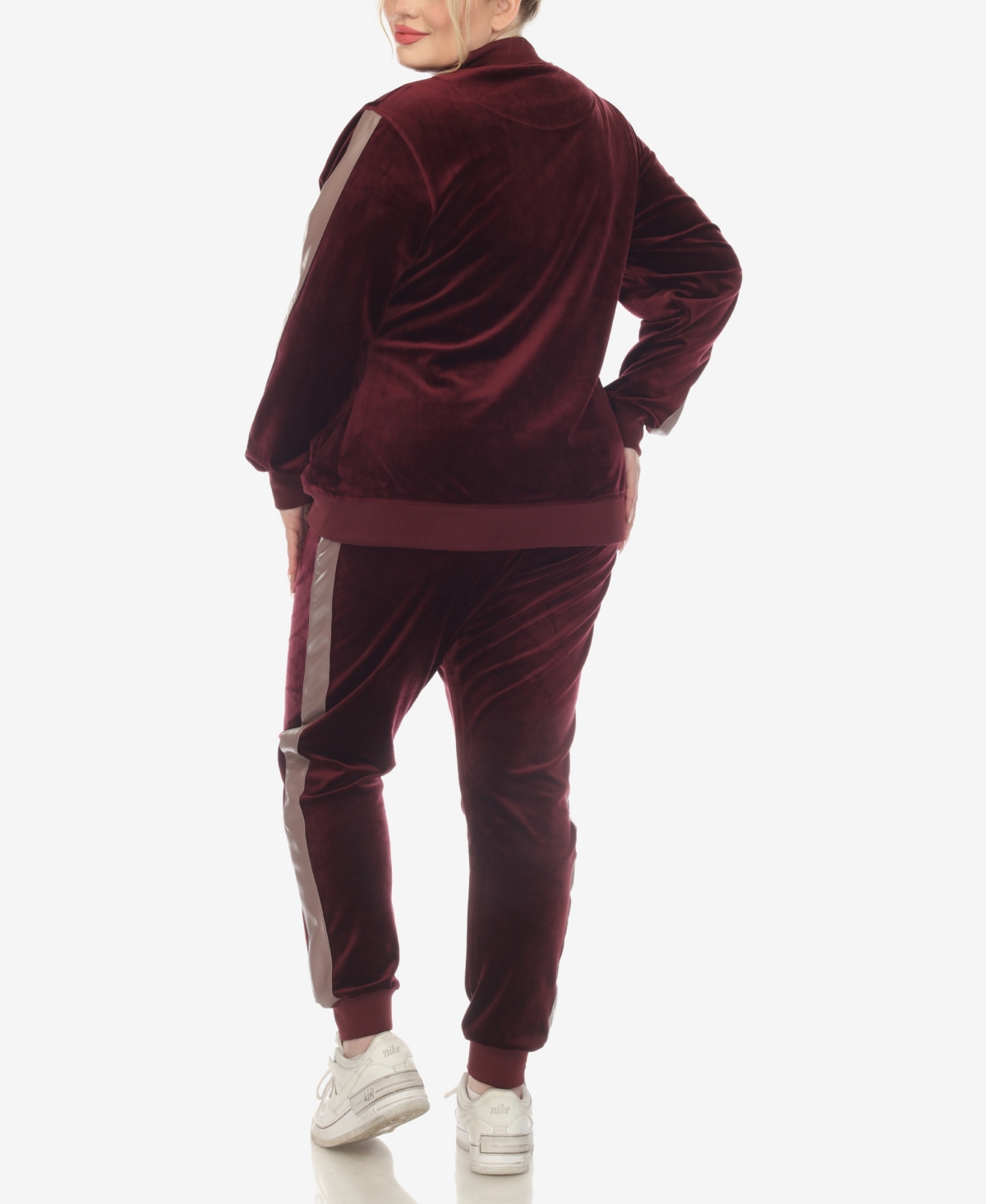 White Mark Plus Size Faux Leather Stripe Velour 2 Piece Tracksuit Set