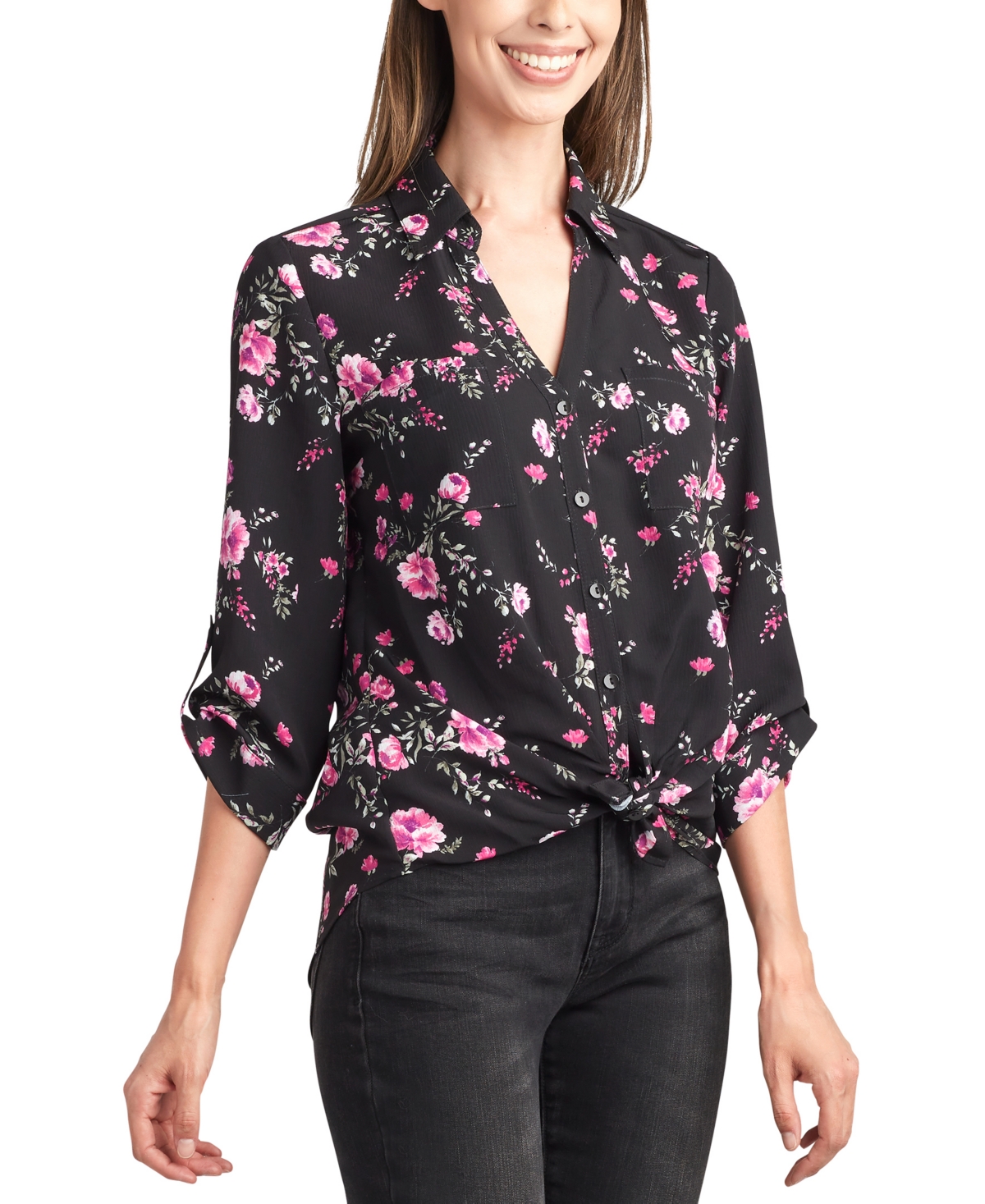 Bcx Juniors' Roll-tab-sleeve Tie-front Floral Shirt In Pat B