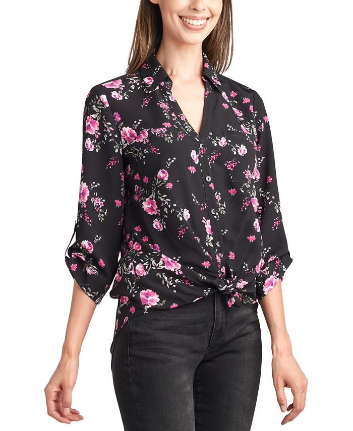 BCX Juniors' Roll-Tab-Sleeve Tie-Front Floral Shirt - Macy's