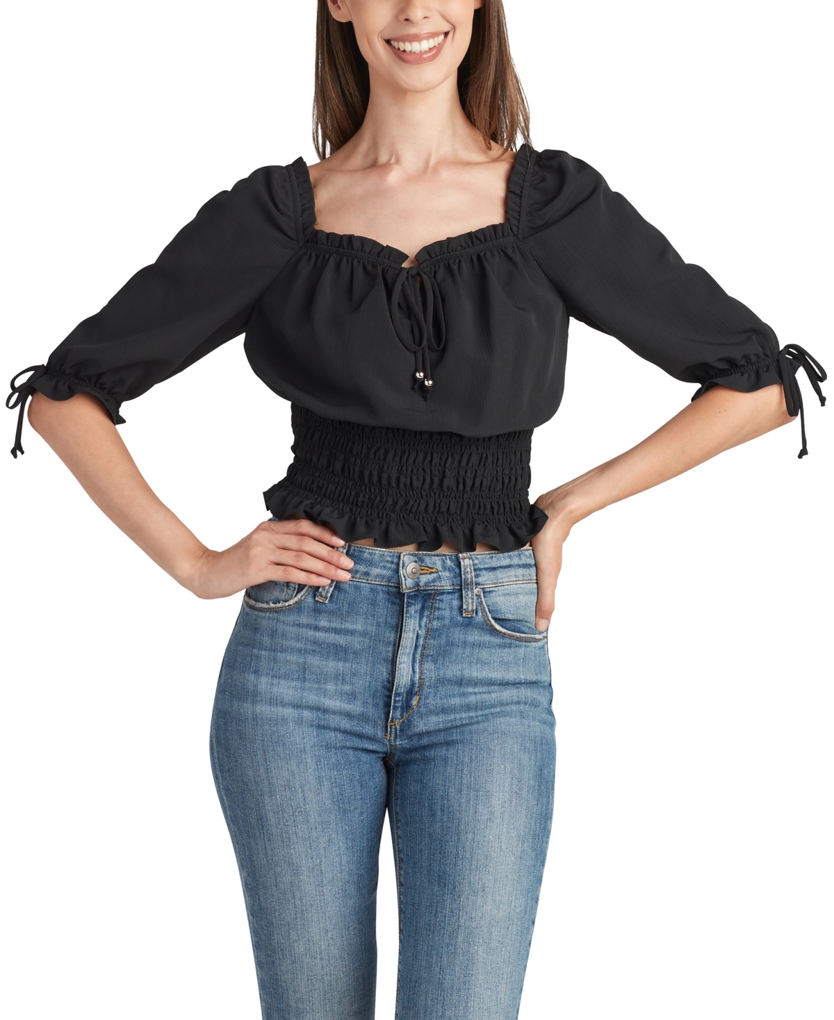 Bcx Juniors' Smocked Cropped Square-neck Top In Black