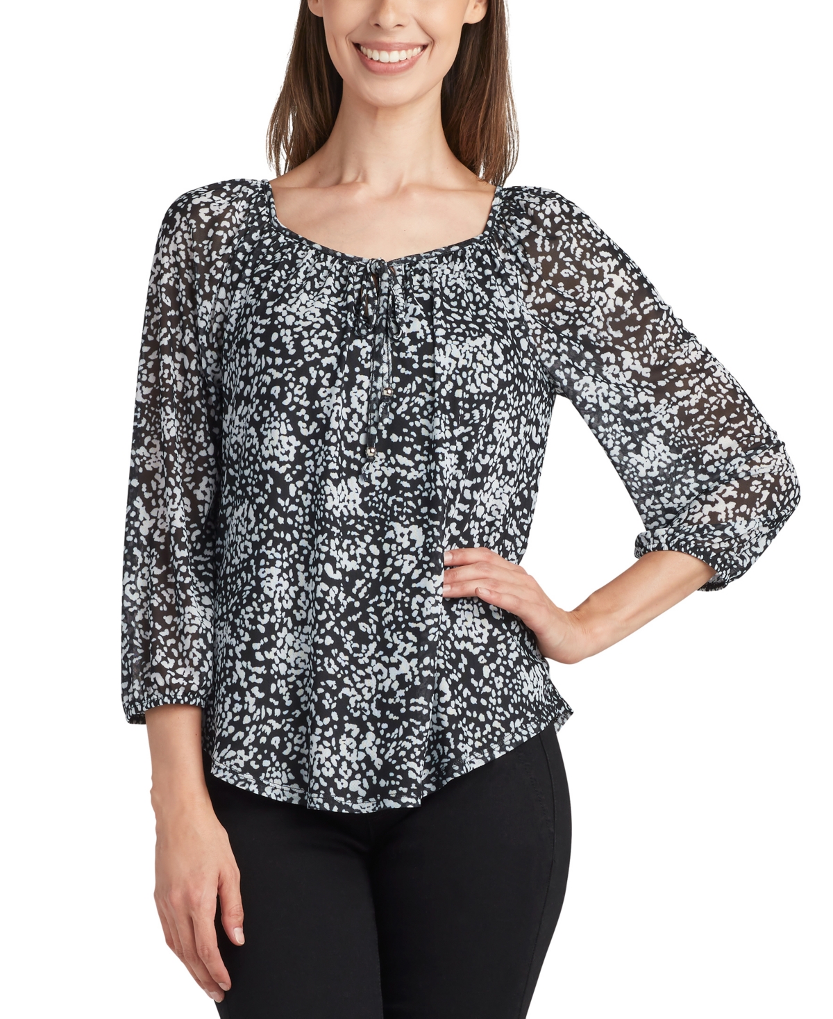 Juniors' Printed Round-Neck Bubble-Sleeve Top - Pat D
