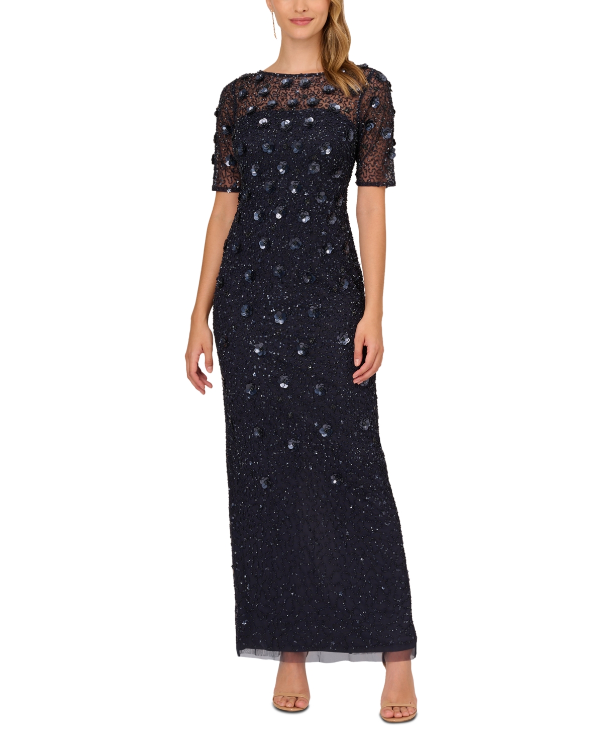 Adrianna Papell Embellished Floral Sheath Dress In Dusty Navy