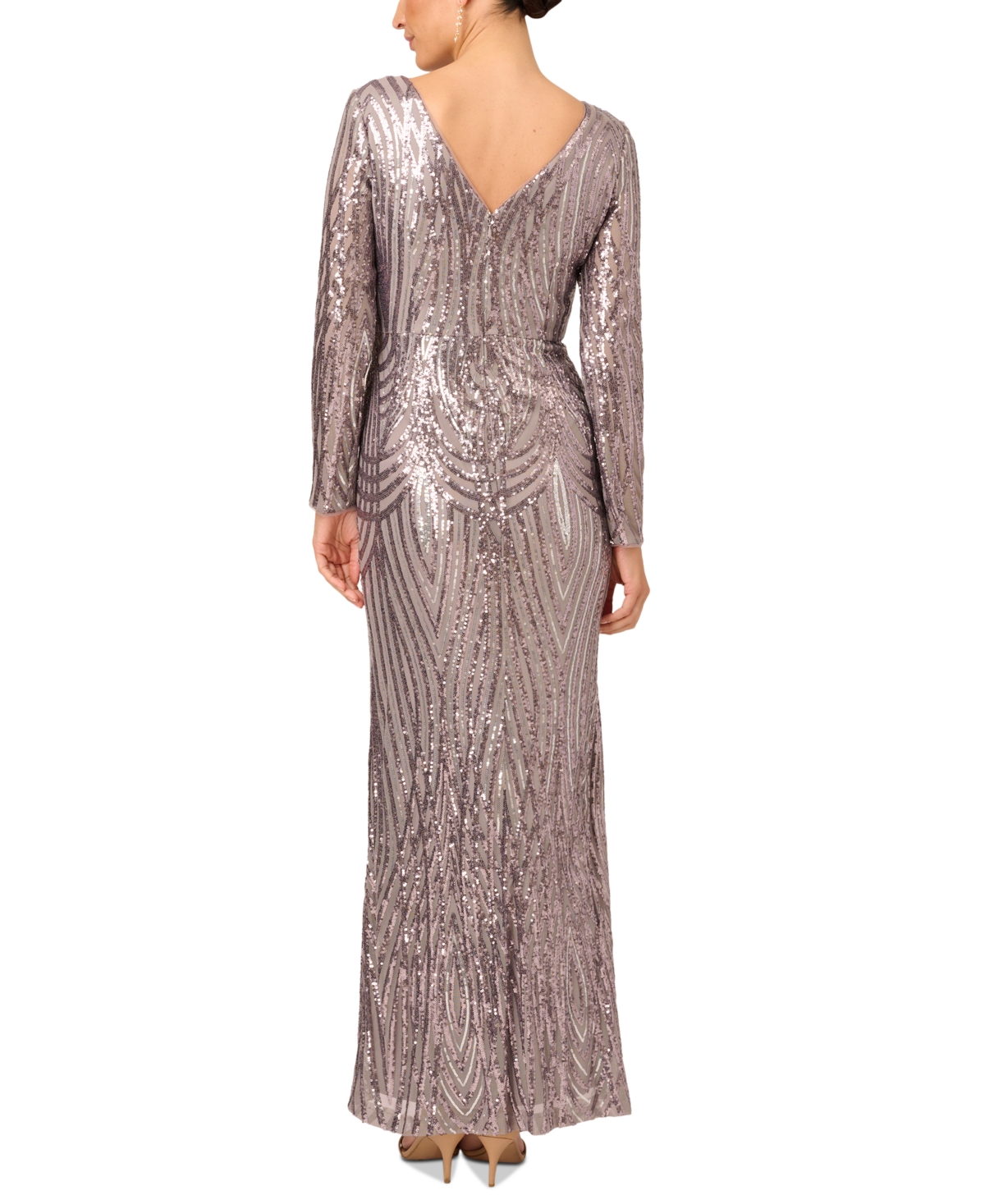 Shop Adrianna Papell Women's Sequined Long-sleeve Gown In Stone