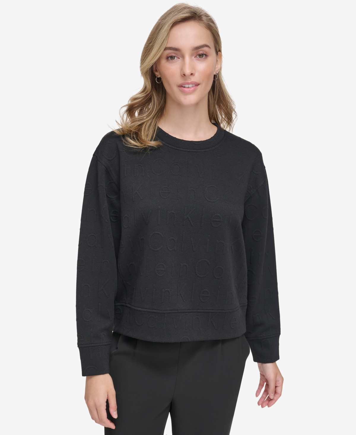 Calvin Klein Women's Cropped Logo Jacquard Sweatshirt In Black