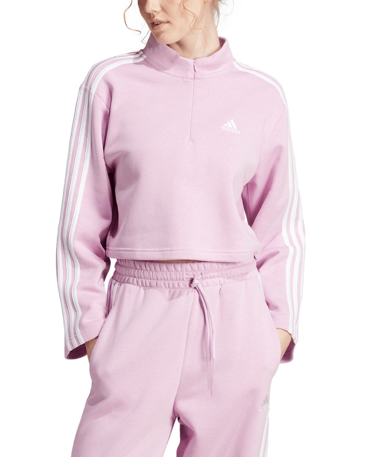 Adidas Originals Women's Fleece Quarter-zip 3-striped Cropped Sweatshirt In Bliss Liac