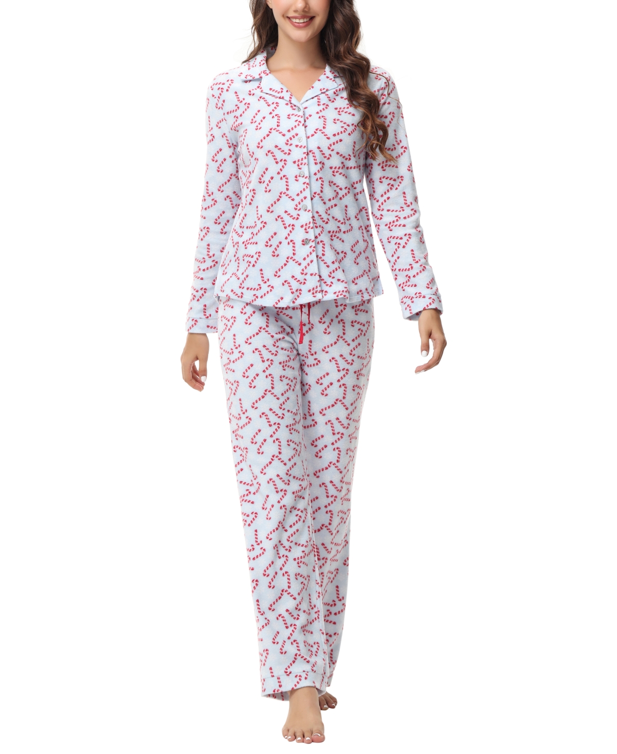 Women's Long Sleeve Notch Collar Top with Lounge Pants 2 Piece Pajama Set - Candy Canes