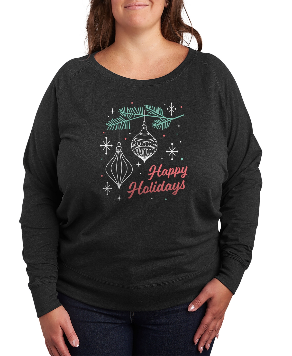 Air Waves Trendy Plus Size Happy Holidays Graphic Long Sleeve Pullover Top In Gray