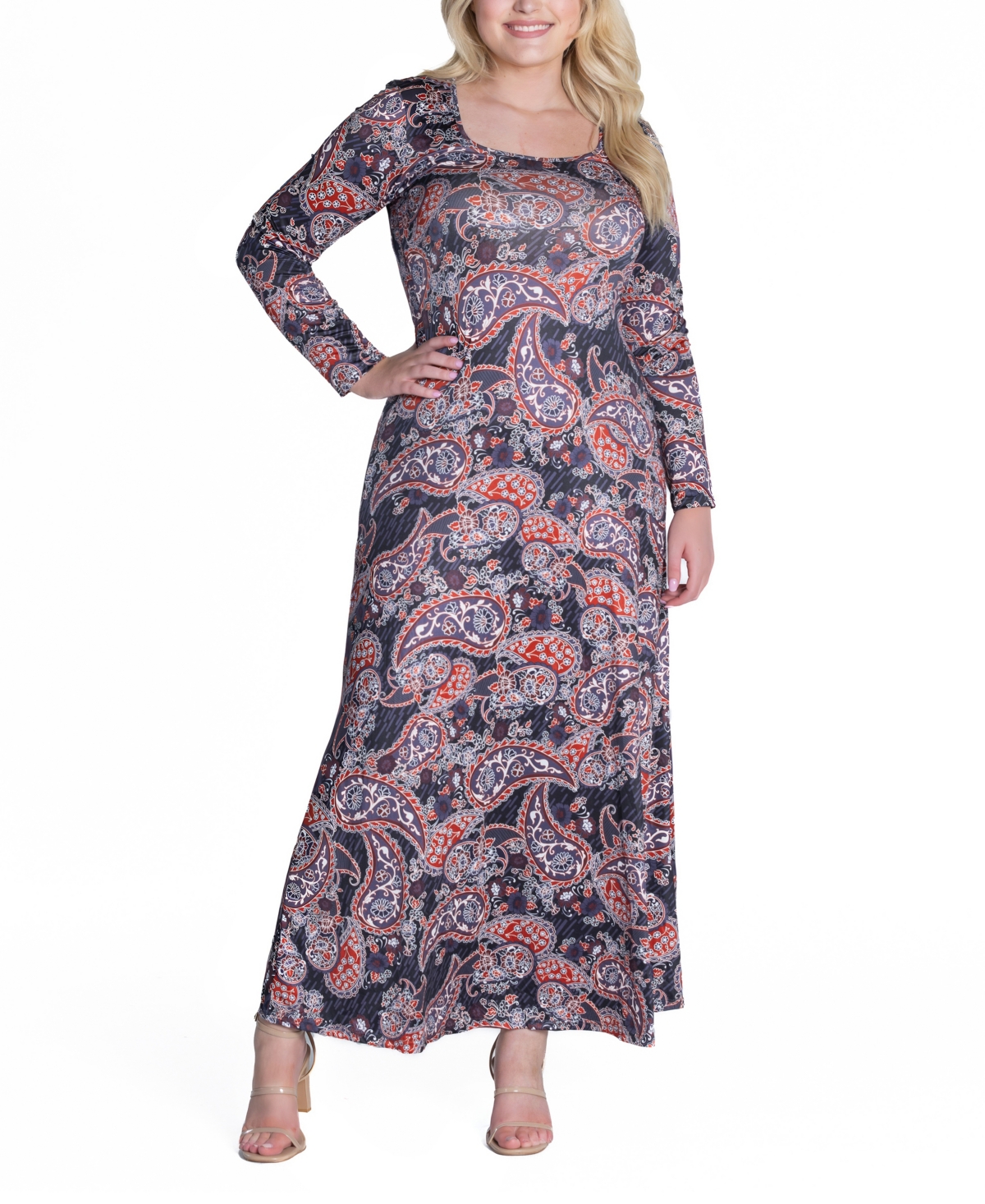 24SEVEN COMFORT APPAREL PLUS SIZE LONG SLEEVE A-LINE MAXI DRESS