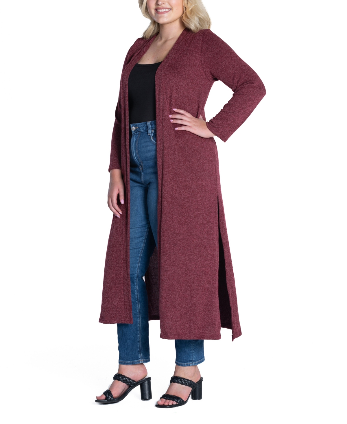24seven Comfort Apparel Plus Size Long Duster Open Front Knit Cardigan Sweater