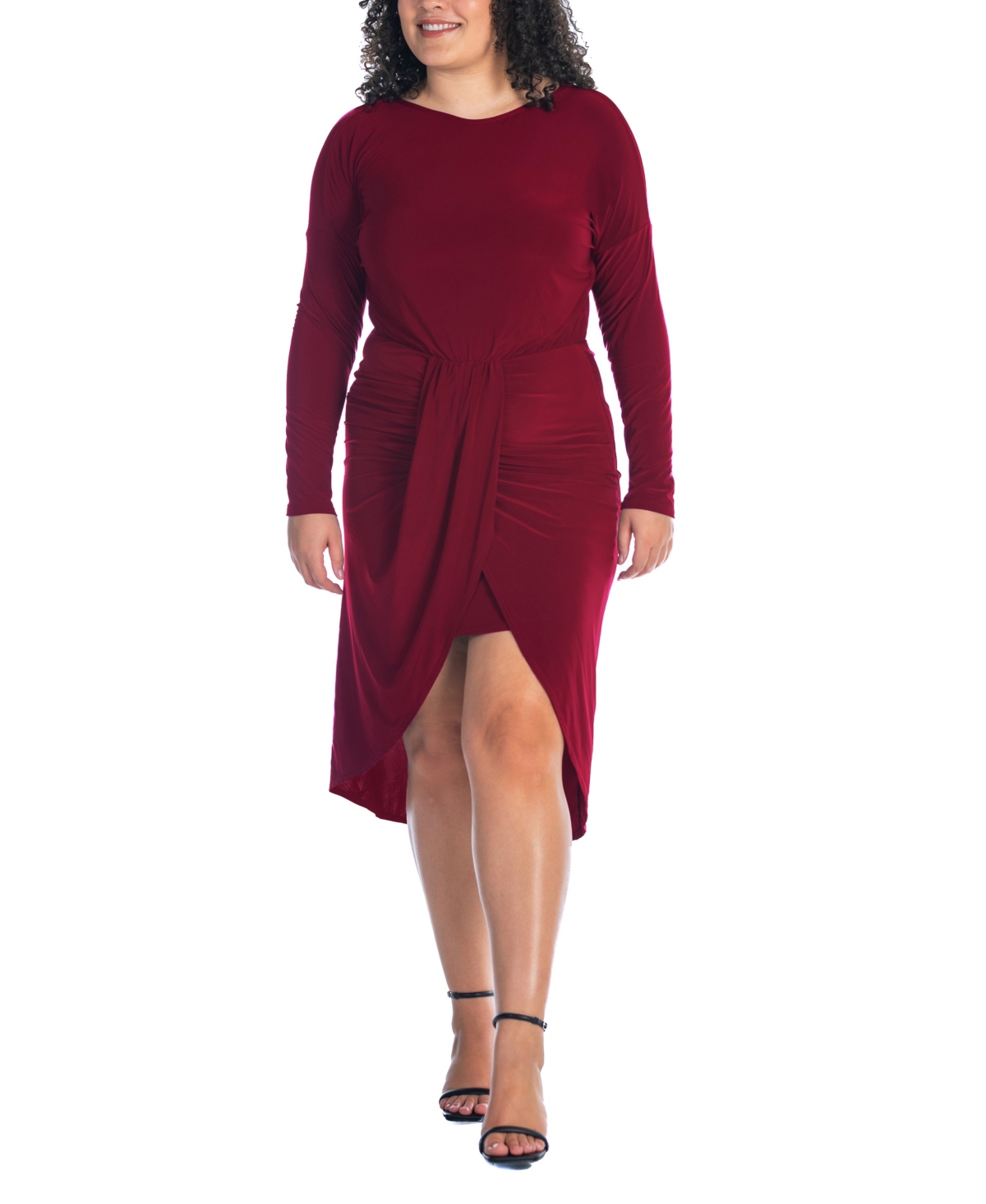 24seven Comfort Apparel Plus Size Long Sleeve High Low Dress In Burgundy