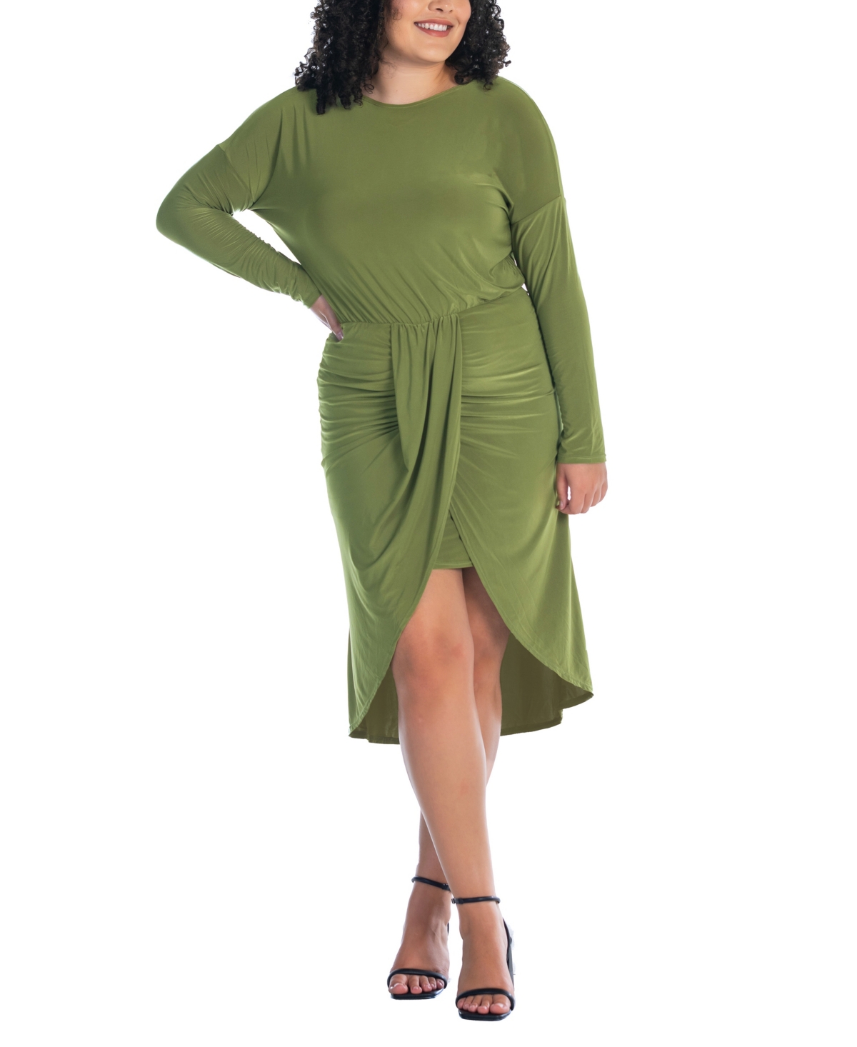 24seven Comfort Apparel Plus Size Long Sleeve High Low Dress In Avocado
