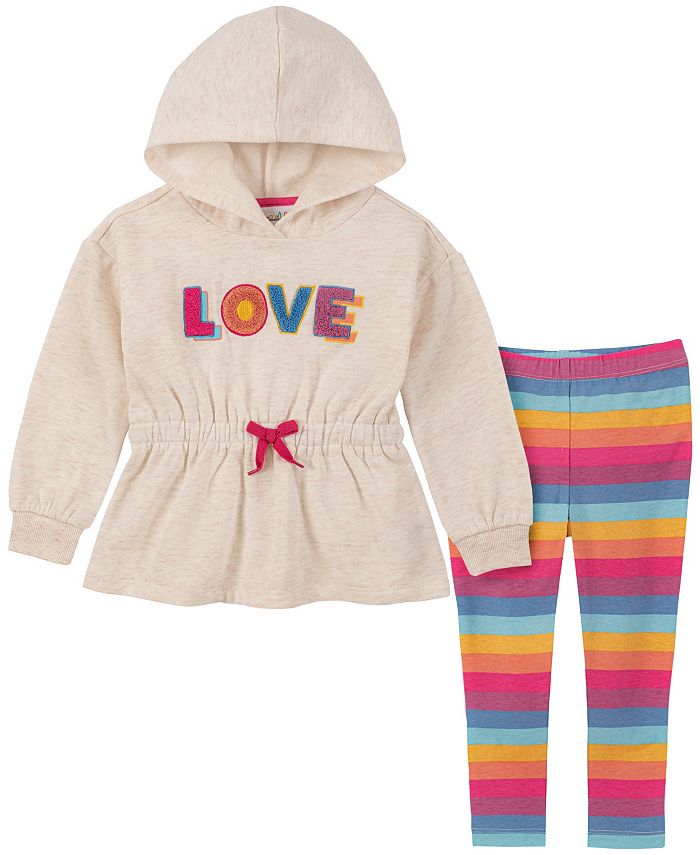 Kids Headquarters Toddler Girls Fleece Drawstring-Waist Tunic Top Hoodie and Rainbow-Stripe Leggings Set 2 Piece